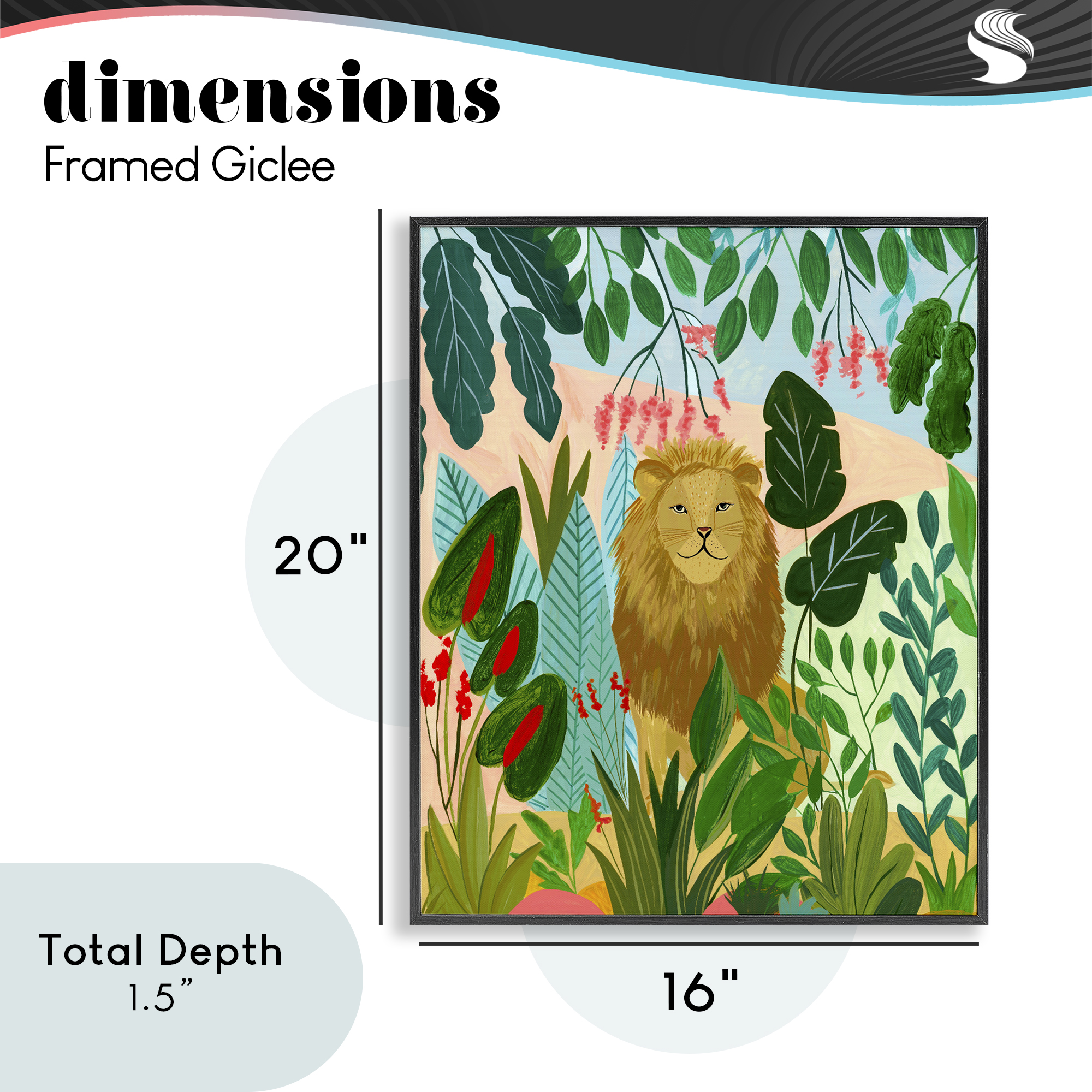 Stoic Lion Tropical Forest Black Framed Giclee Art, design by Nabeela Rumi