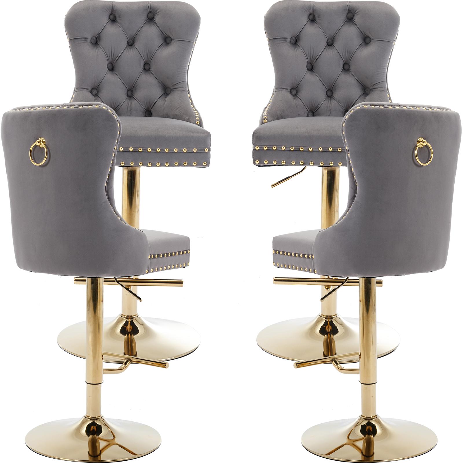 Grey Velvet Swivel Bar Stools Set of 4 with Upholstered Back