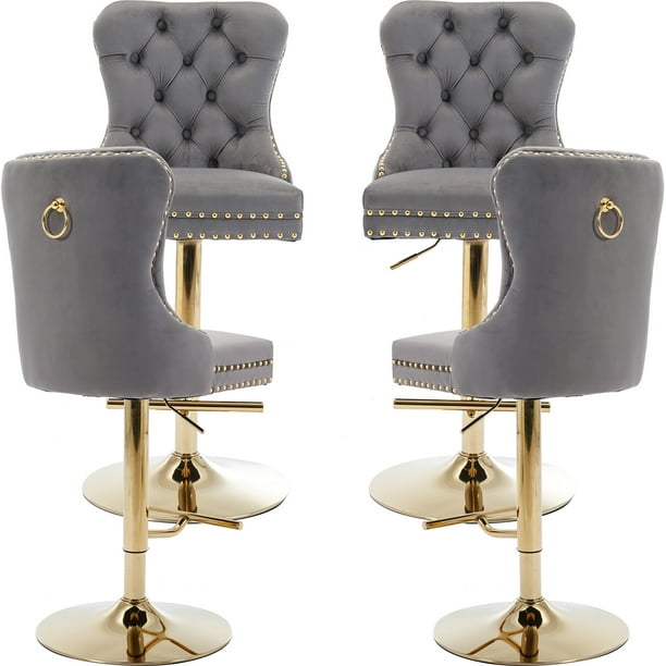 Grey Velvet Swivel Bar Stools Set of 4 with Upholstered Back