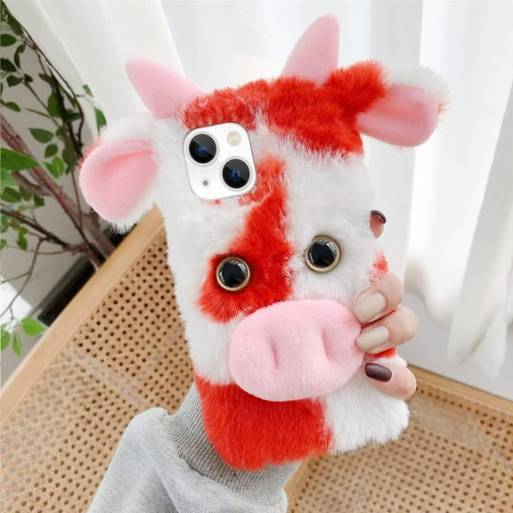 3D Cute for iPhone 13 Case Plush Furry Fuzzy for Women Fuzzy Fluffy Cartoon Cow Fur Hair Girly Protection Cover for iPhone 13 Phone Case Red