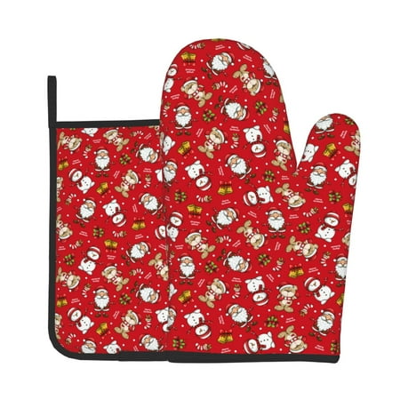 

Lukts Christmas Santa Cartoon Snowman A Print Kitchen Heat-Resistant Gloves and Spacers 2pcs Set Suitable for Baking and Cooking