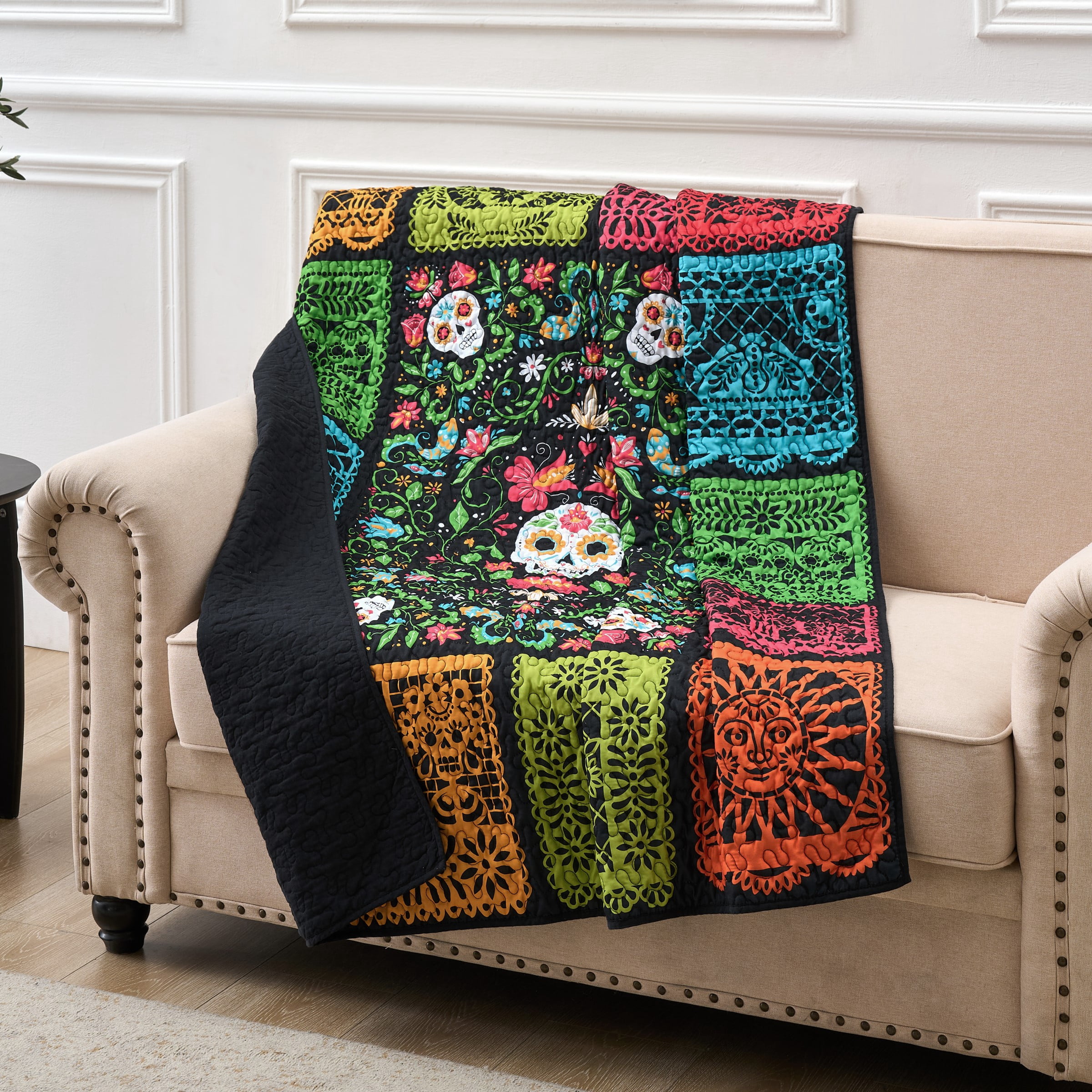 Greenland Home Fashions Day of the Dead Cotton-Rich Patchwork Picado Quilted Throw Blanket, for All Ages