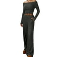 thumbnail image 2 of Dazajoo Women's 2 Piece Matching Lounge Set Long Sleeve Off Shoulder Top and Wide Leg High Waist Pants with Pockets Summer Beach Casual Vacation Sets,Dark Gray,S, 2 of 5
