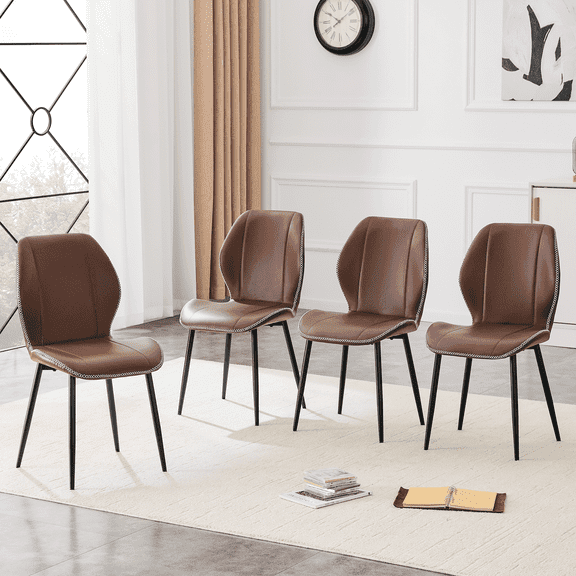 Hi loPres Set of 4 Brown PU Leather Dining Chairs, Modern Kitchen Side Furniture with Black Metal Legs and Adjustable feet for Dining Room and Office