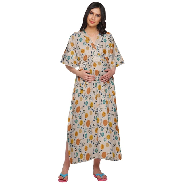 Moomaya Robe Longue Maxi de Maternité Imprimée pour Femmes, Kaftan Boutonné en Coton