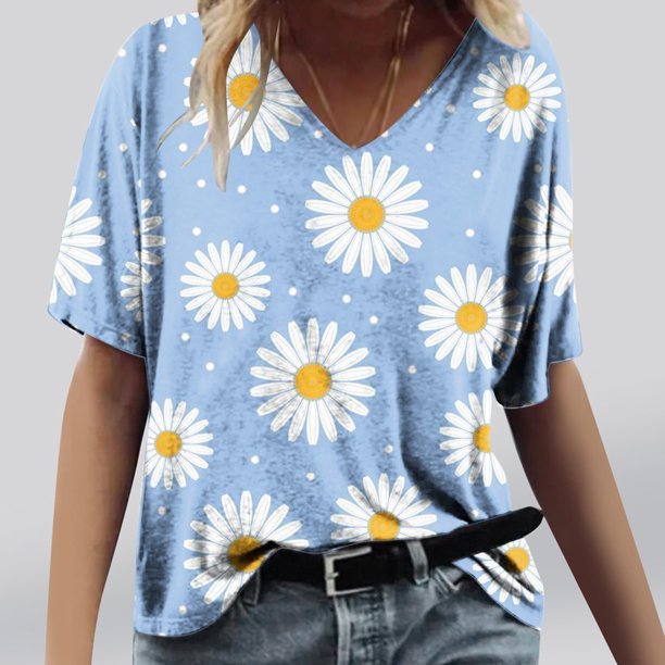 Fiudx Ofertas Flash Del Día Camisetas Holgadas de Manga Corta con Cuello En V Informales con Estampado de Moda para Mujer