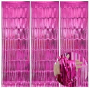 KIRIKOU Pack of 3 Rose Red Foil Fringe Curtains Backdrop Party Decoration, 3.2ft x 6.5ft Metallic Tinsel Curtain Photo Backdrop for Birthday Bachelorette Party Bridal Baby Shower Decorations