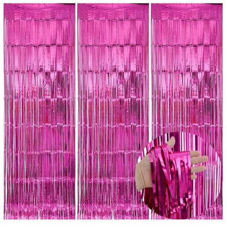 KIRIKOU Pack of 3 Rose Red Foil Fringe Curtains Backdrop Party Decoration, 3.2ft x 6.5ft Metallic Tinsel Curtain Photo Backdrop for Birthday Bachelorette Party Bridal Baby Shower Decorations
