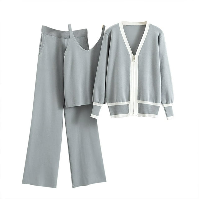Timegard Ensembles 3 Pcs pour Femmes Camisoles Tricotées à Col en V à Fermeture Éclair Cardigan à Manches Longues Chandail Pantalon à Jambes Larges avec Poches Ensembles