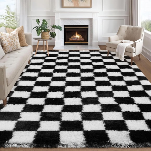 Checkered Area Rug 10x13 Large Rug Thick Super Soft Shaggy Rugs Fluffy Carpet Fluffy Fuzzy Shag Washable Rugs for Living Room Nursery Bedroom Luxury Playroom Teen Plush Carpets,Black and White