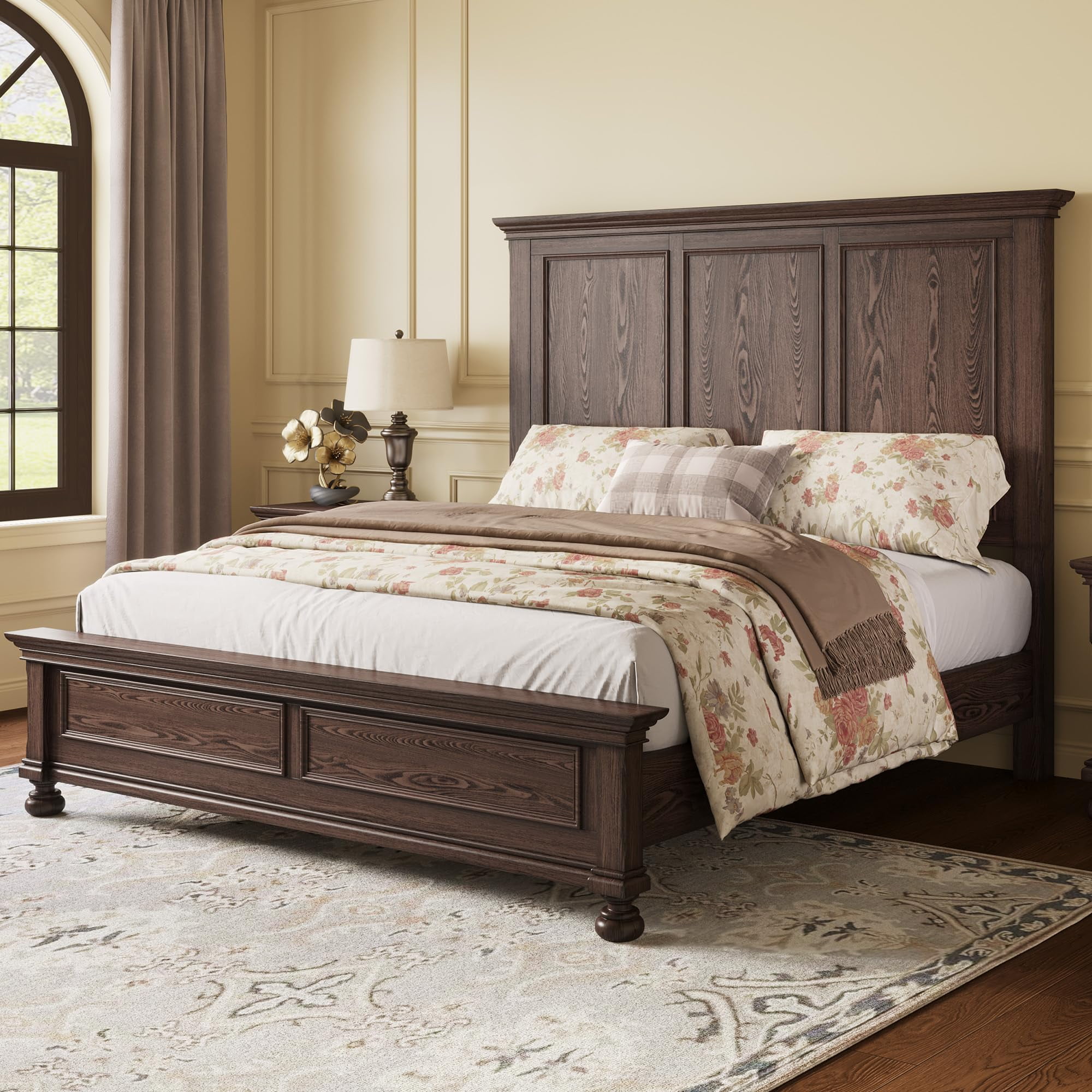 Amerlife Solid Wood King Bed Frame with 65.2" High Headboard, Traditional Platform Bed with Heavy Duty Slats, Easy Assembly, Dark Brown