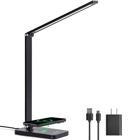 MESVIER Lámpara de Escritorio LED, Lampara de Mesa con Cargador Inalámbrico, Lampara LED con 5 Colores y 3 Niveles de Brillo, Brazo Ajustable, Control Táctil