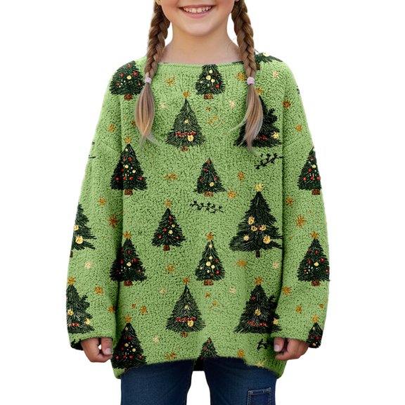 Christmas Sweater, Girls Long Sleeve Knit Sweater Loose Fit Holiday Pattern Cozy Soft Yarn Casual Winter Festive Pullover Top(Dark Green,7-8 Years)