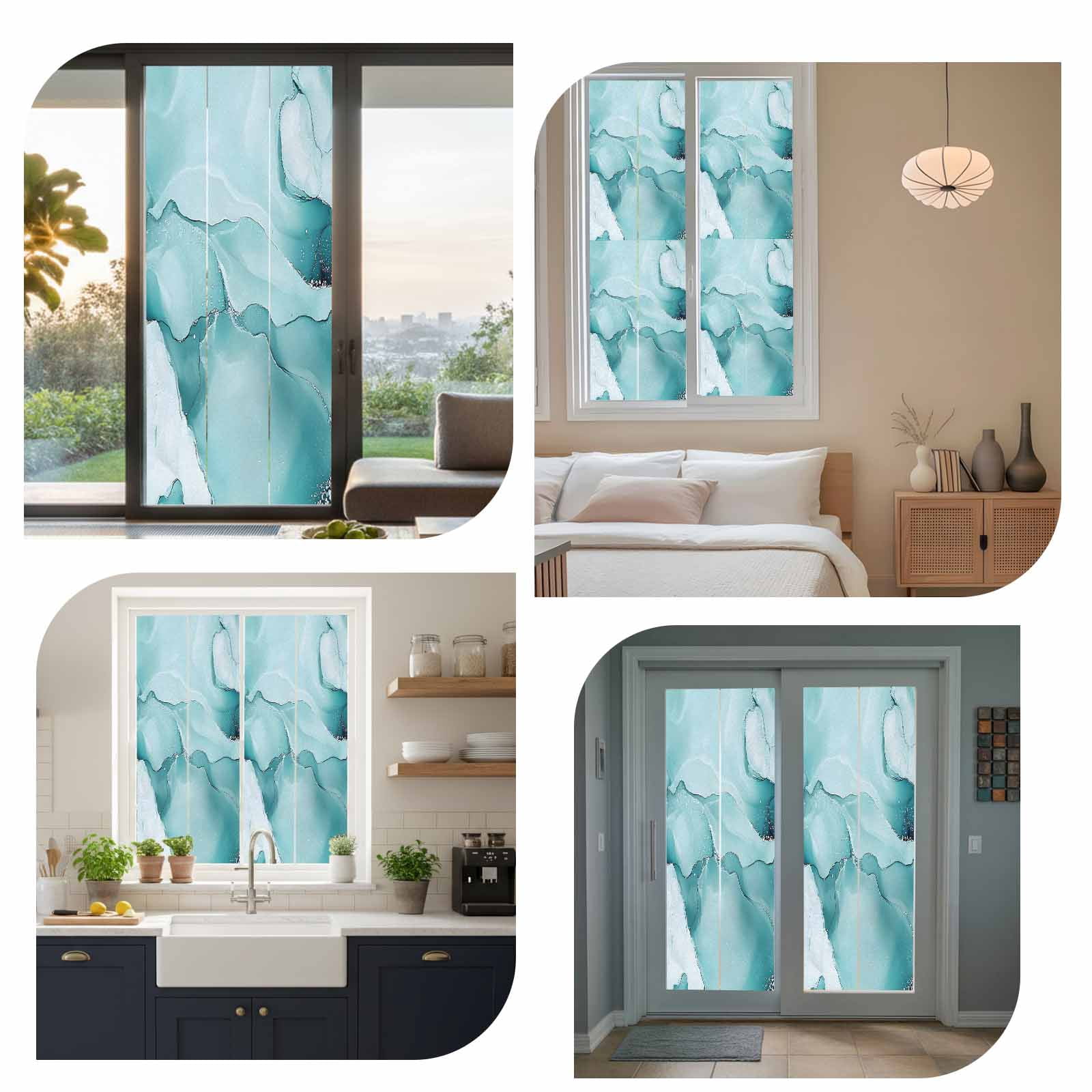 Abstract Marble Texture Window Privacy Film Blue Green Wavy Pattern Decorative Glass Window Film UV Blocking Static Cling Non-Adhesive Sticker Covering for Home Door 23.6 x 78.7 inches