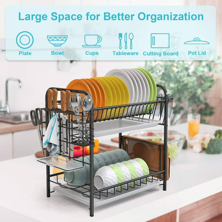 Dish Drying Rack, 2 Tier Stainless Steel Dish Rack with Drainboard