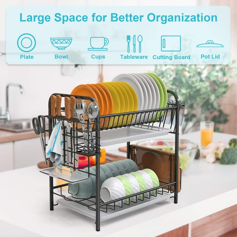 Dish Drying Rack, iSPECLE 2 Tier Dish Rack with Drainer Board with Utensil  & Cup Holder, Black 