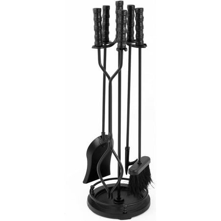 

5 Pieces Fireplace Tools Sets Wrought Iron Indoor Fireplace Set with Poker Tongs Broom Shovel Stand Fire Tools Outdoor