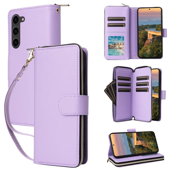 for Samsung Galaxy S23 Crossbody Wallet Case with 9 Card Holders, Cash Slot, Photo Slot, Zipper Pocket PU Leather Magnetic Snap Wallet Phone Case with Flip Stand & Wrist Strap & Lanyard, Purple