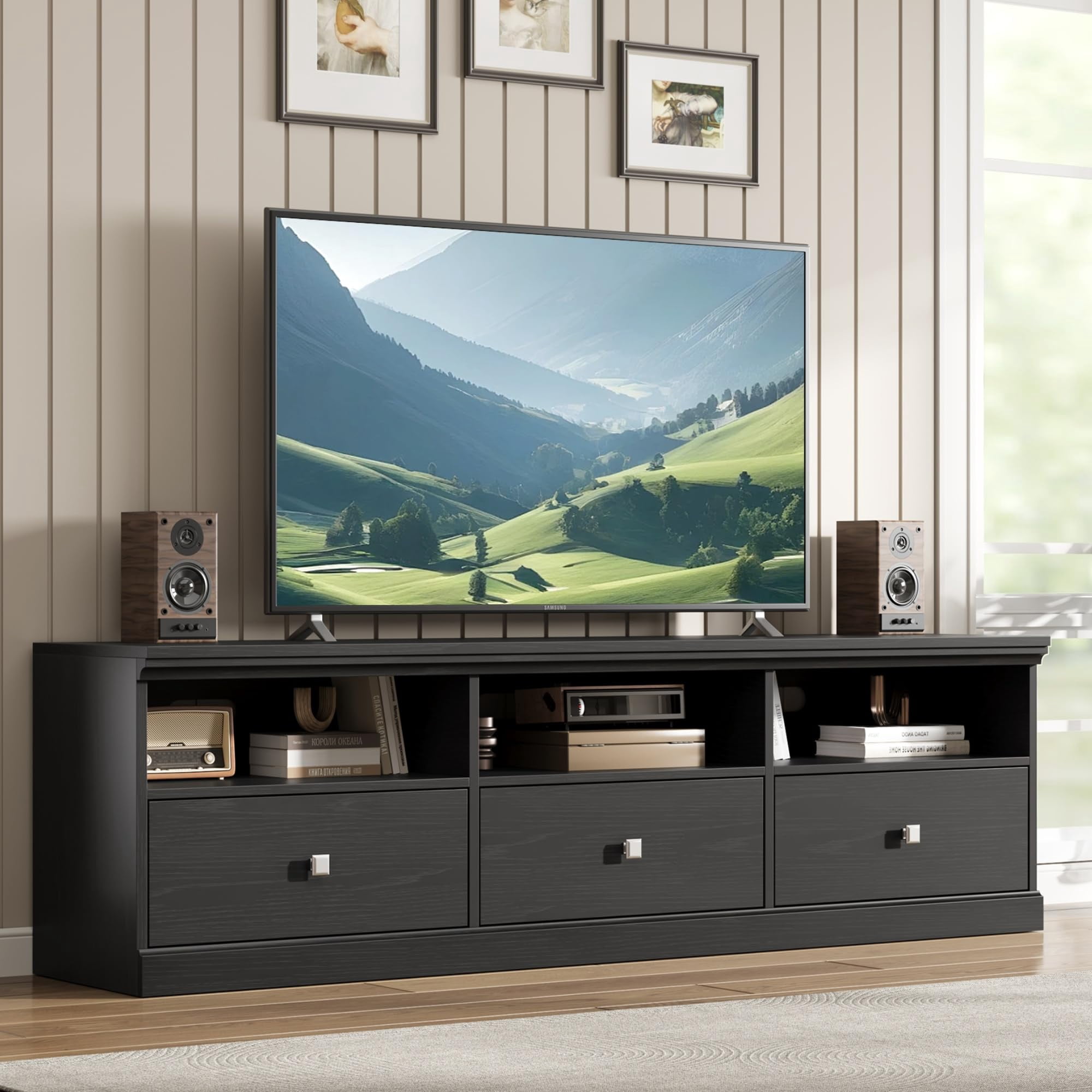 TV Stand for 75inch TV, Modern Mid Century Entertainment Center, with Storage Drawer and Open Shelves, Wooden for Living Room, Bedroom