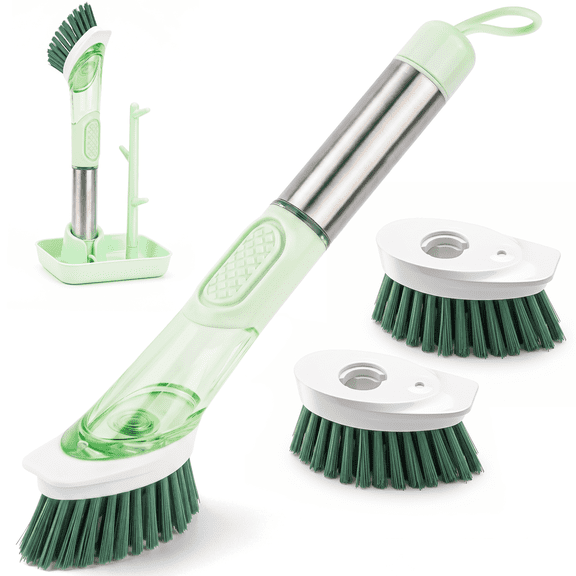 DSOOLO Soap Dispensing Dish Brush Set with Holder Dish Scrubber Scrub Brush with Handle, 3 Kitchen Dish Brush Replacement Heads