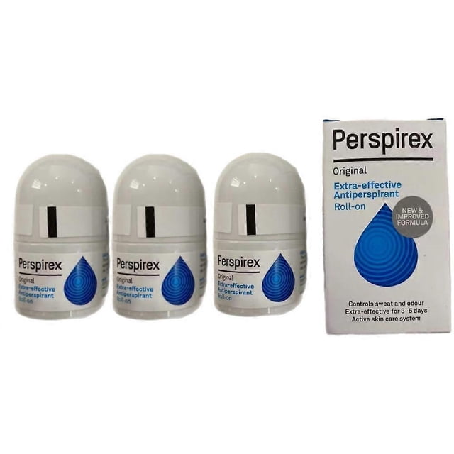 body odor antiperspirant hair inhibitor roll long lasting underarm sweat deodorizer eliminate bad smell skin care Deodorant-roll on 57g front-facing view of three white dome-top roll-on bottles and one white box, blue teardrop label visible; compact glossy plastic packaging, label indicates extra-effective antiperspirant roll-on and 57g capacity; suited for people with sweaty armpit odor and often used to freshen underarms during travel or daily routine.