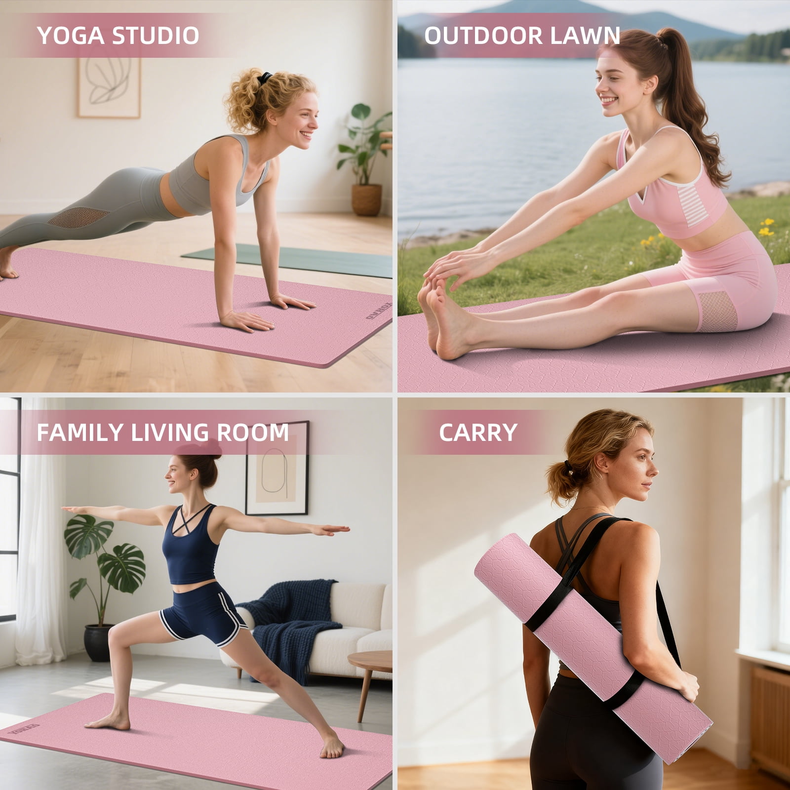 YOHAO Yoga Mat 10mm Thick,72"×26",Non-Slip Eco TPE,Strap included for Travel,Pilates and Fitness Workout(Pink)