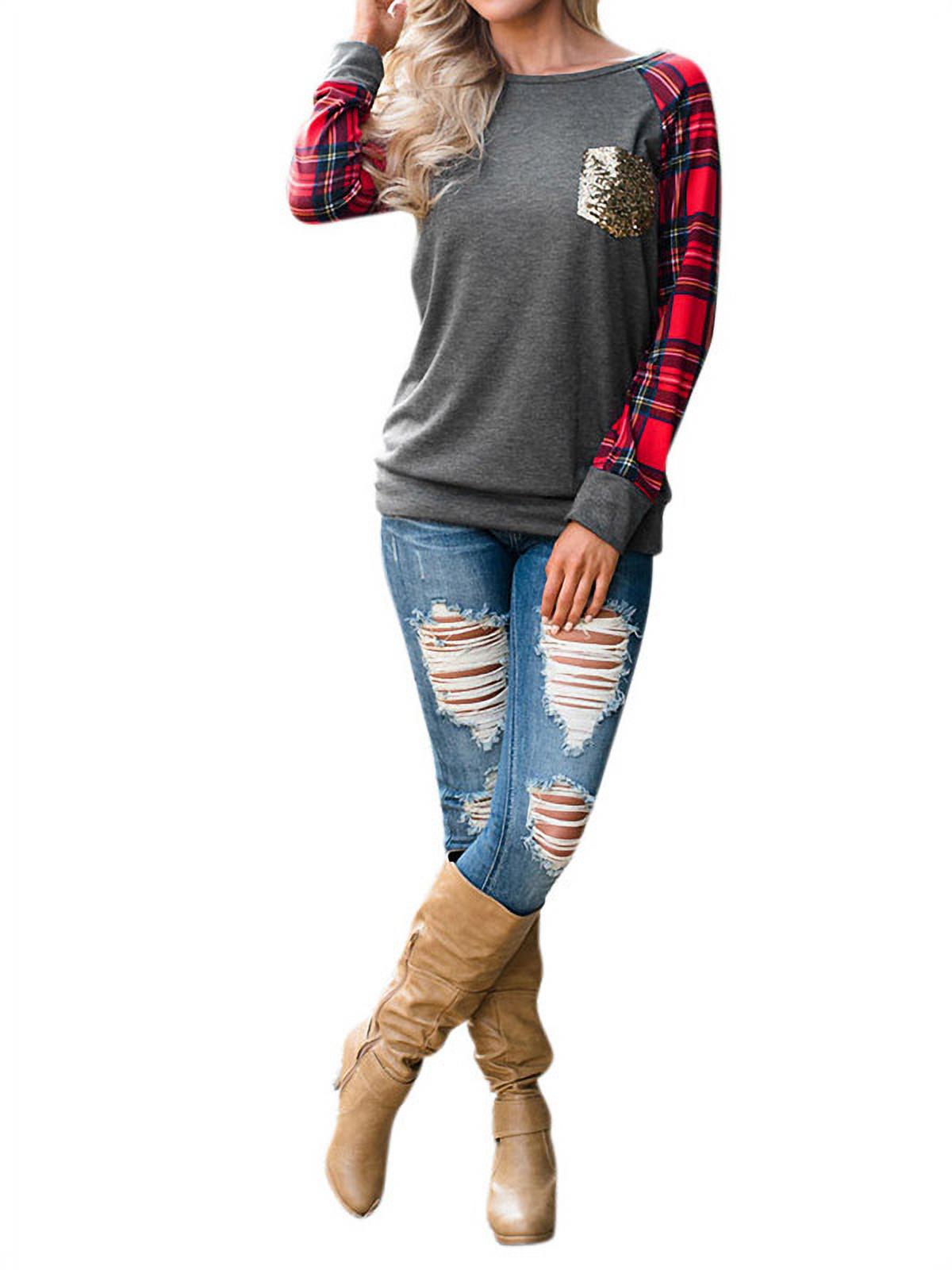 Women's Round Neck Checked Long Sleeve Sequin Pocket Sweatshirt - image 4 of 6