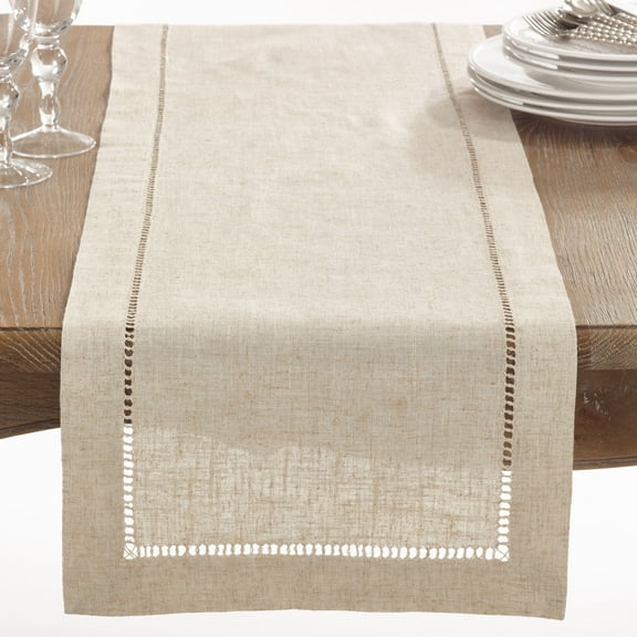 SARO 731.N16120B 16 x 120 in. Rectangle Natural Hemstitched Linen Blend Table Runner - Natural