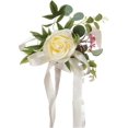 thumbnail image 1 of KAIYANG Juego de 4 piezas de flores para respaldo de silla de boda, flores de bosque para respaldo de silla con lazo para pasillo, iglesia, banquete, banco, flores de seda, ramo de aro floral para niñ, 1 of 5
