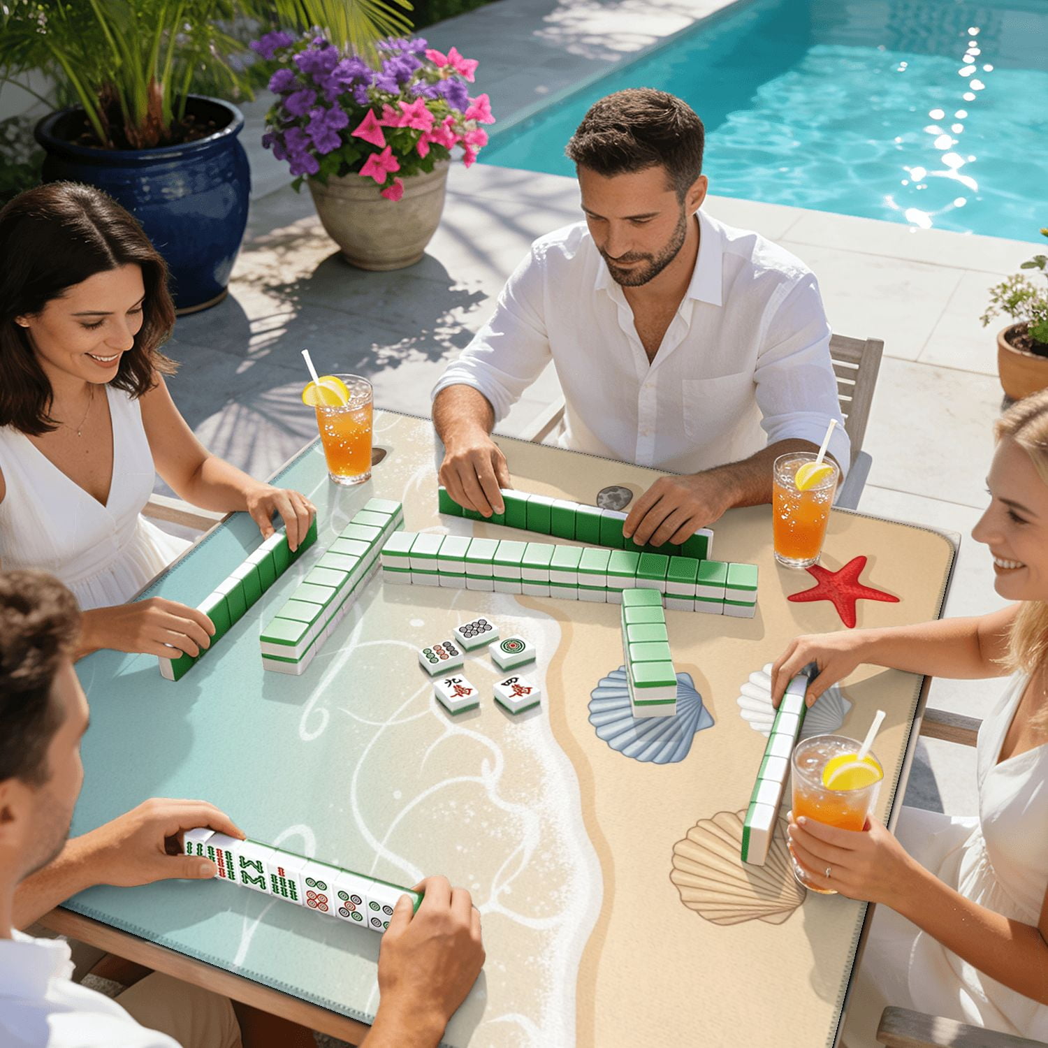 Mahjong Mat 31.5" x 31.5" Seashells Starfish Sandy Beach Gentle Waves Non-Slip Noise Reduction Mahjong Tiles Table Cover for Dominoes Poker Card Board Games Gift