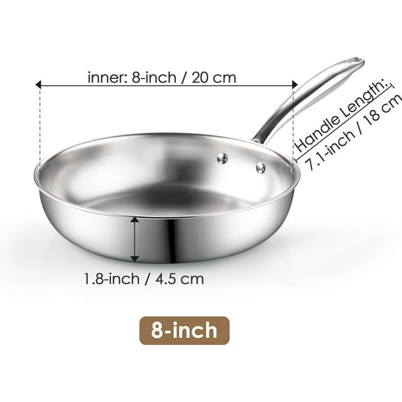 8-inch Stainless Steel Frying Pan, Tri-Ply Clad Skillet for Induction & All Stovetops, Silver