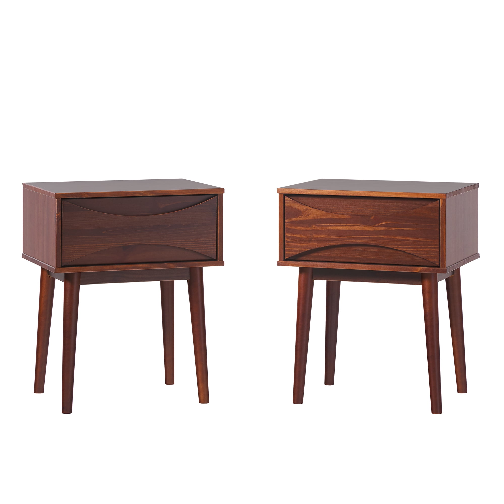 Walker Edison Mid-Century Modern Solid Wood 1-Drawer Nightstand, 2 Pack, Walnut