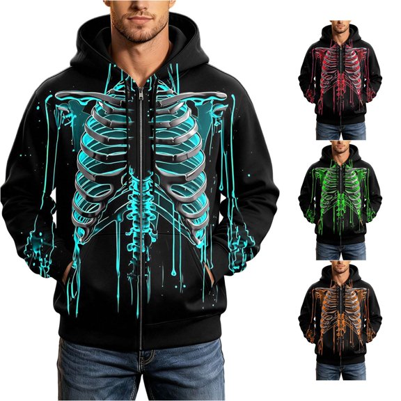XDZJLR Mens Halloween Zip Up Hoodies Skeleton Graphic Casual Long Sleeve Jacket Fall Winter Big And Tall Mens Hooded Sweatshirts
