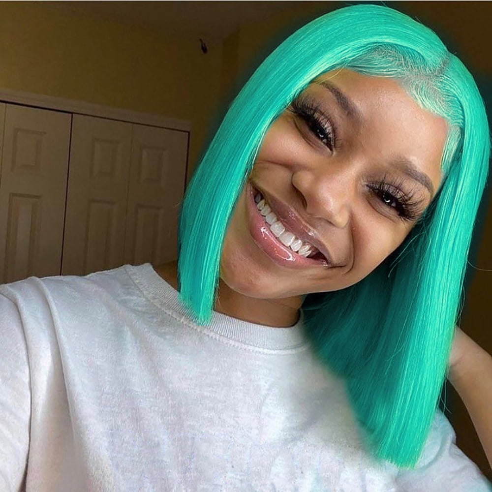 Mscathy Blue Green Colored Double Drawn Remy Brazilian Hair Lace Part Wig With Natural Hairline Short Bob 100% Human Hair 13x4x1 Middle Part Wigs Pre Plucked 180% Density