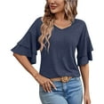 thumbnail image 2 of Tittly T Shirts for Women V Neck T Shirts for Women Womens Casual Blouses Summer Fashion Clothes Double Tiered Half Bell Sleeve Top Crewneck Loose Fit T Shirts Tshirts Shirts Womens Tops Navy L, 2 of 6