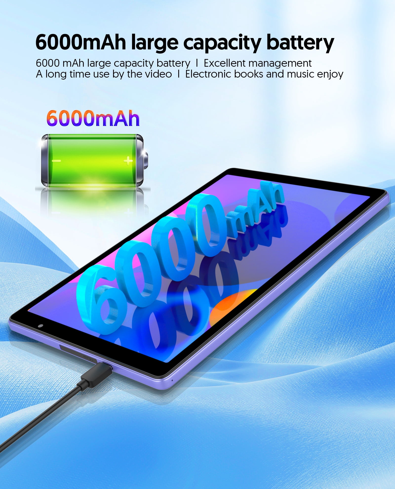 Android Tablet, 10 inch Android 14 Tablet, Quad-core CPU, RAM 4GB（2G+2G）, ROM 32GB (Up to 1TB), 800x1280 IPS, WiFi 6, 2MP+2MP, 6000mAh, Purple