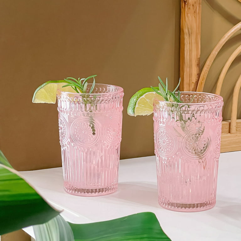 Vintage Textured Clear Striped Drinking Glasses Set of 24, (13 oz) Ribbed  Glassware Set with Flower Design | Cocktail Set, Juice Glass, Water Cups