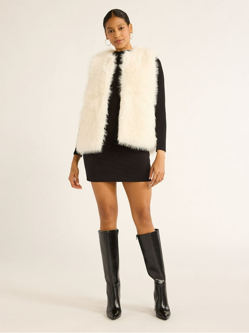 トップス ESMOK A line fur vest beige luethbiezx Women's 2024 Fall Trendy Faux Fur Vest Sleeveless