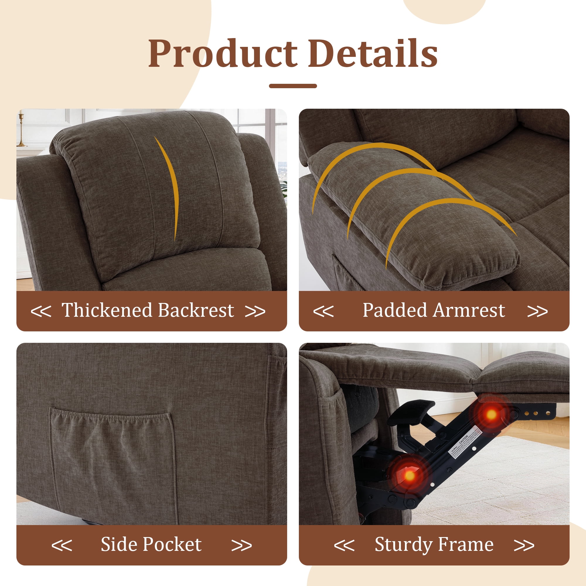 GEEYOO Swivel Rocker Recliner Chair with Massage and Heat Glider Recliner for Adults with Side Pockets Chenille for Living Room,Brown