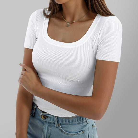 Women's Summer Short Sleeve T-Shirt Square Neck Ribbed Slim Fit Casual Tee Comfortable Stretchy Soft Fabric