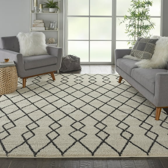 Nourison Geometric Shag Tribal Ivory/Charcoal 8'10" x 12' Area Rug, (9x12)