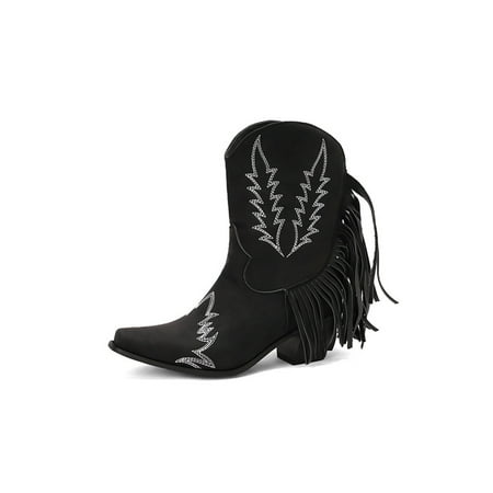 

Ferndule Ladies Tassel Bootie Party Non-slip High Calf Cowboy Boots Fashion Pointed Toe Fringe Boot Black 8.5