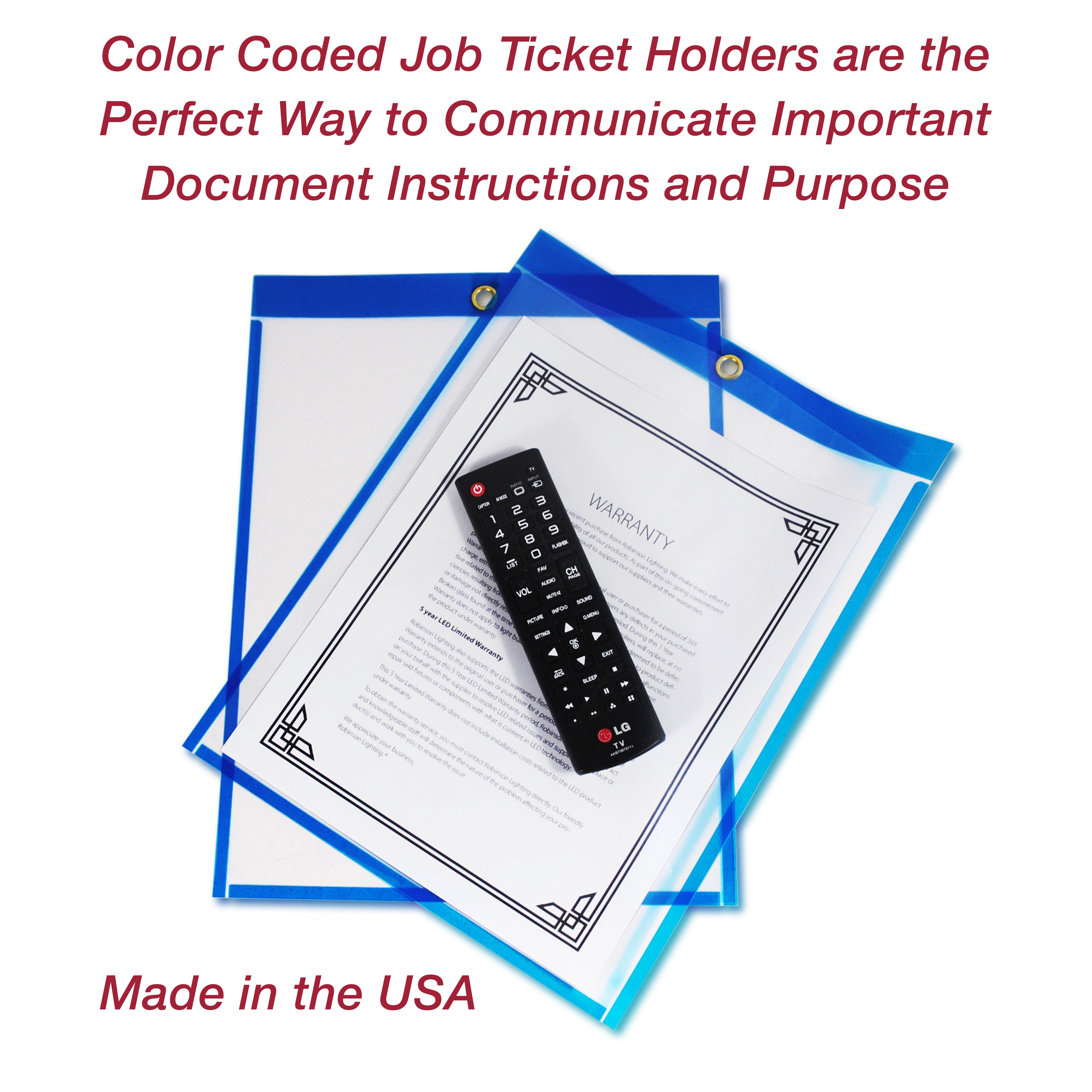EnvyPak Job Ticket Holders - 9"x12" - Pack of 30 (Blue) Top-Loading w/ Eyelet for Hanging - Made in USA