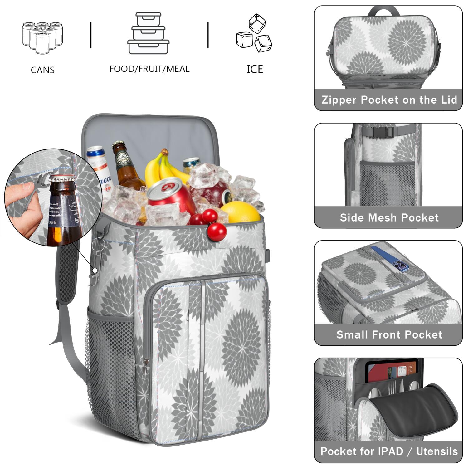 Travel Cooler Bag - Boho Bohemia Pioneer Flower Art Camping Beer Cooler Backpack with Bottle Opener- Waterproof Insulated Picnic Backpacks - Cooler Bag for Beach
