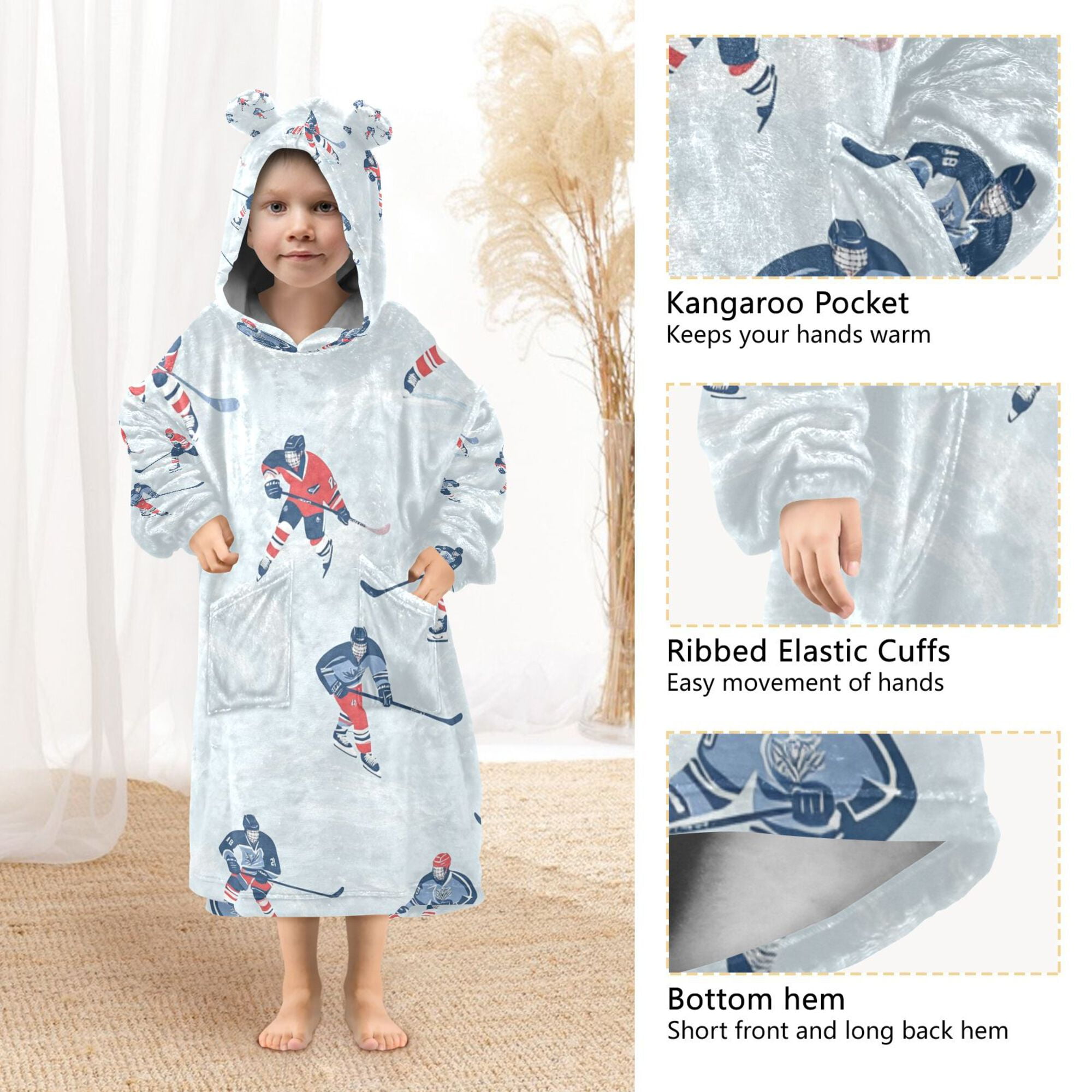 FORMRS Wearable Blanket Hoodie with Sleeves for Kids Cozy Flannel Sweatshirt, Hockey Action Zone