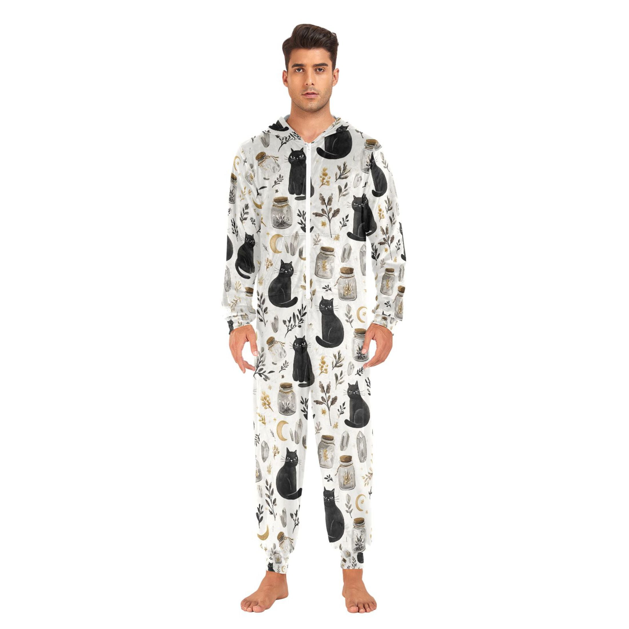 Adult Christmas Onesie Black Cat and Plants Adult Zipper One-Piece Pajamas Unisex Pajamas with Pockets