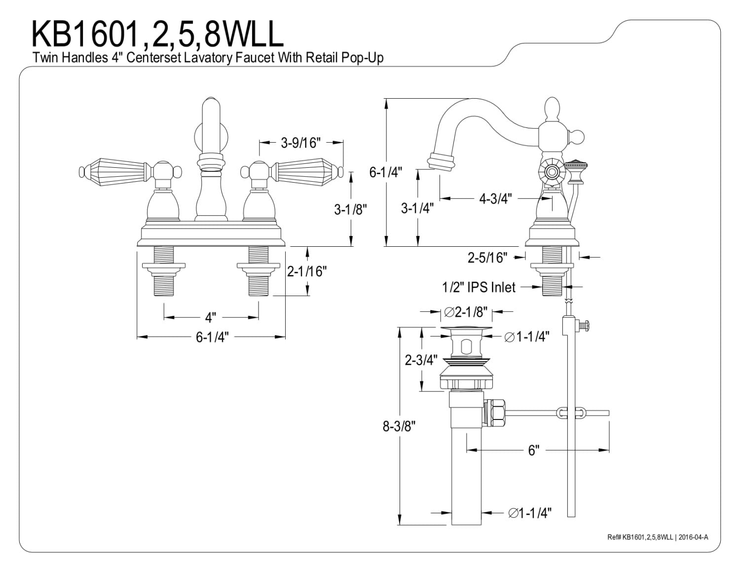Kingston Brass KB1608WLL 4 in. Centerset Bathroom Faucet, Brushed Nickel