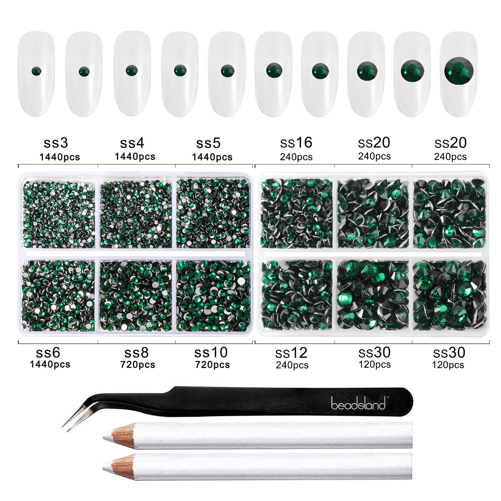 Beadsland 8300PCS Flatback Rhinestones 10 Sizes with Wax Pencil and Tweezer Kit, SS3-SS30, Emerald