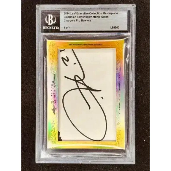 Collectible LaDainian Tomlinson and Antonio Gates Signed San Diego Chargers 2014 Leaf Masterpiece Dual Cut Signature Card 1/1, JSA Authenticated