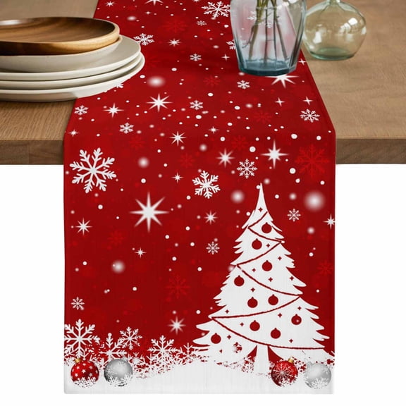 Red Christmas Table Runner 36 Inches, Snowflake Winter Xmas Tree Ball Bed Runner Dresser Scarves Tabletop for Indoor Outdoor Parties/Ceremony/Banquet, 13"x 36"
